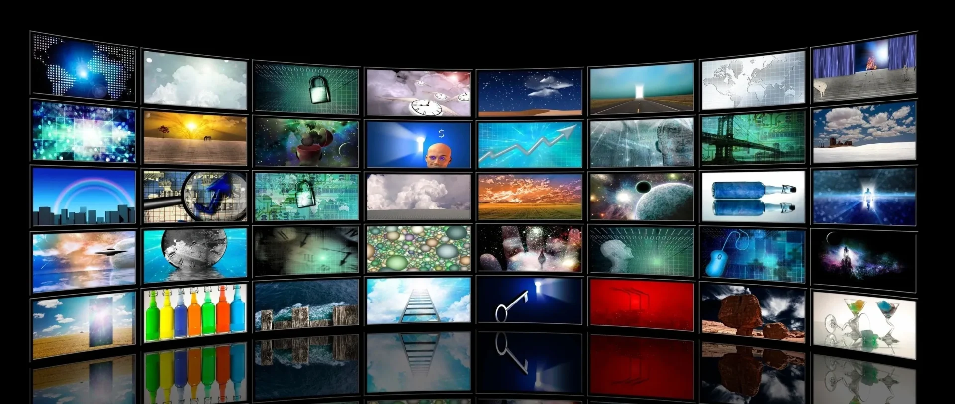 A wall of television screens with different images on them.